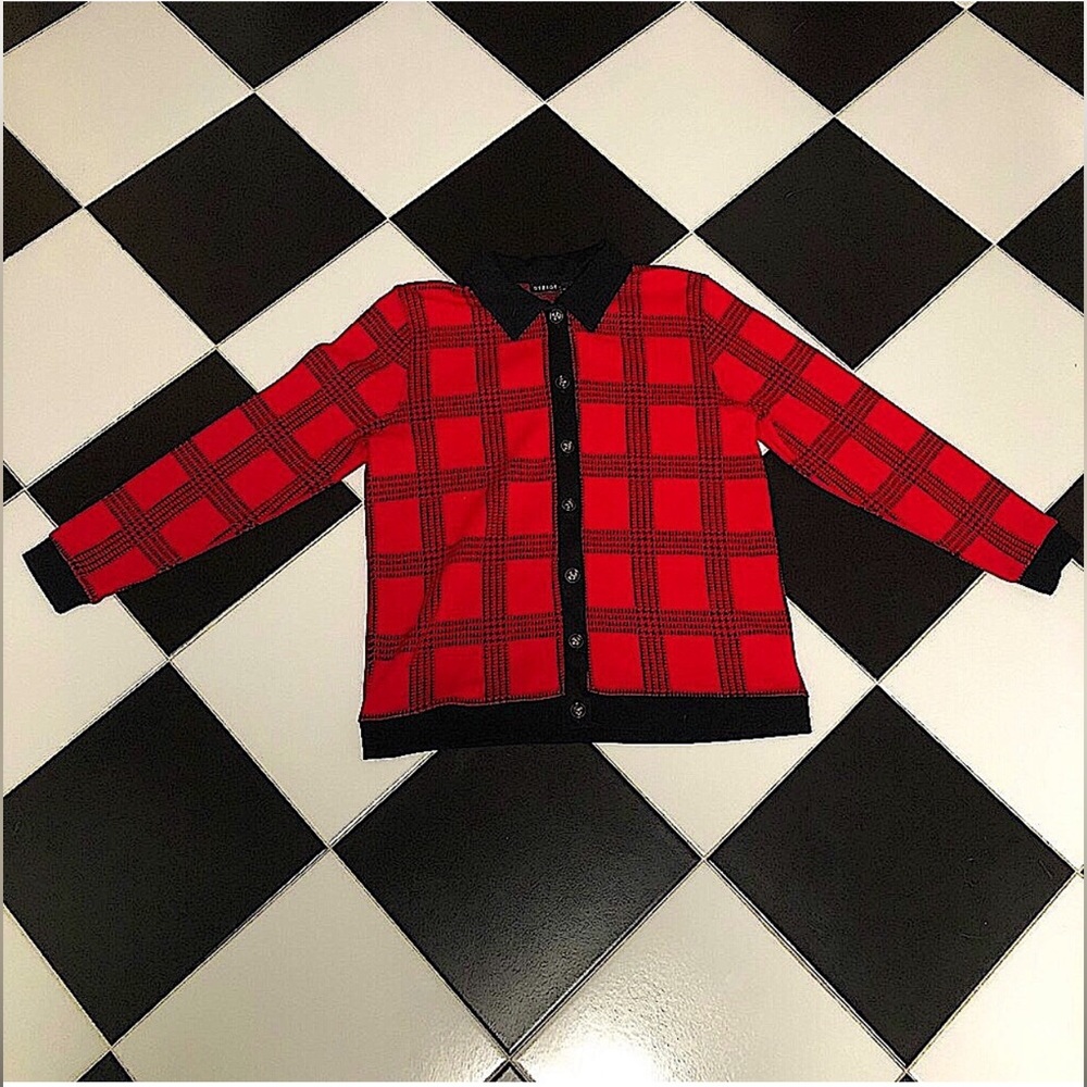 Vintage 80s 90s George Preppy Plaid Cardigan Sweater Gold Buttons Red & Black M